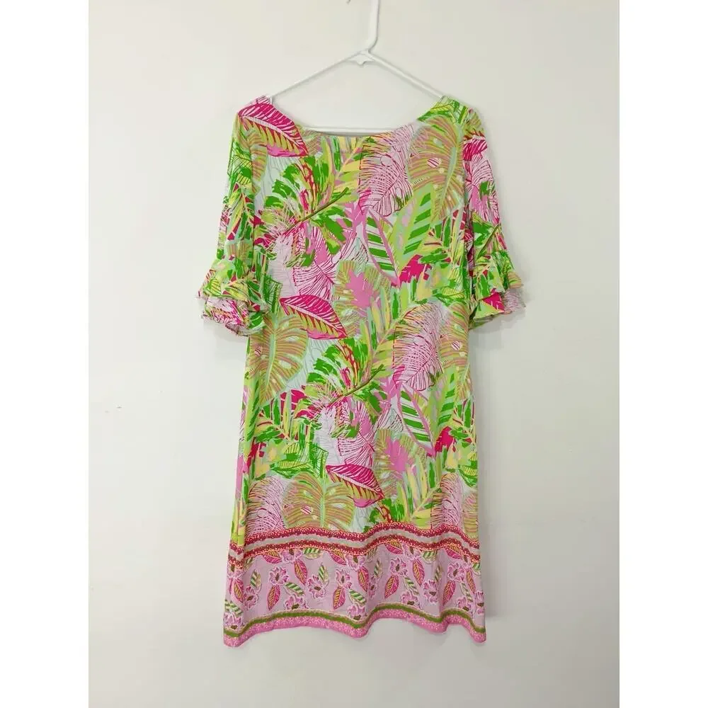 Pappagallo Women’s Oasis Shift Dress Flutter Sleeve Pink Green Tropical Beach L